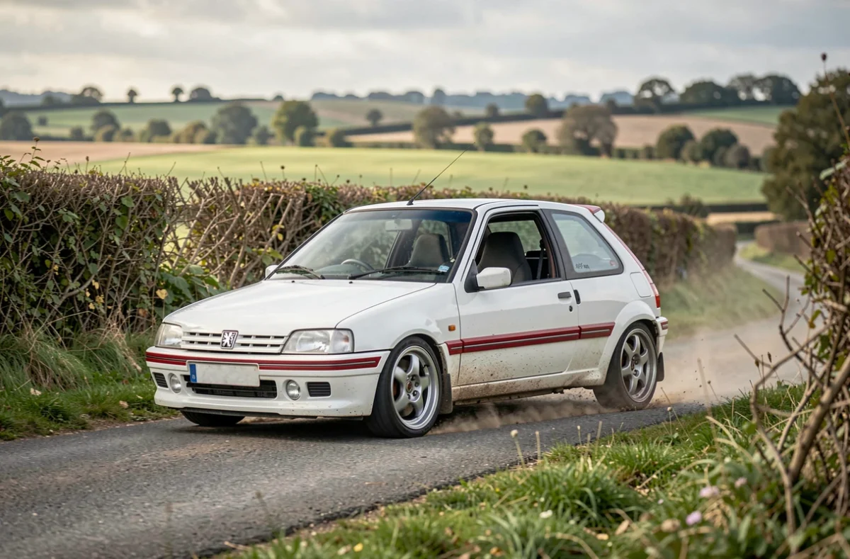 205 GTI 2026 en pleine conduite sportive sur une route de campagne française sinueuse, capturée en virage avec une mise en scène dynamique et réaliste