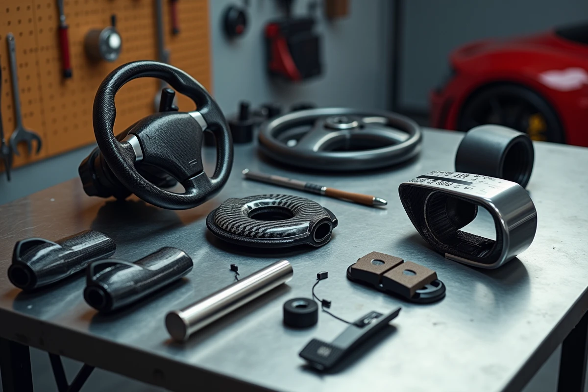 Accessoires et pièces d'upgrade pour voiture de sport disposés sur un établi de garage