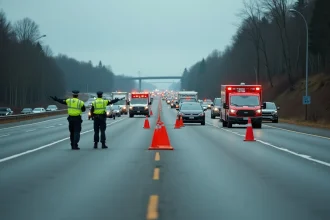 Déviation routière après un accident sur l'autoroute nord avec véhicules de secours et cônes orange