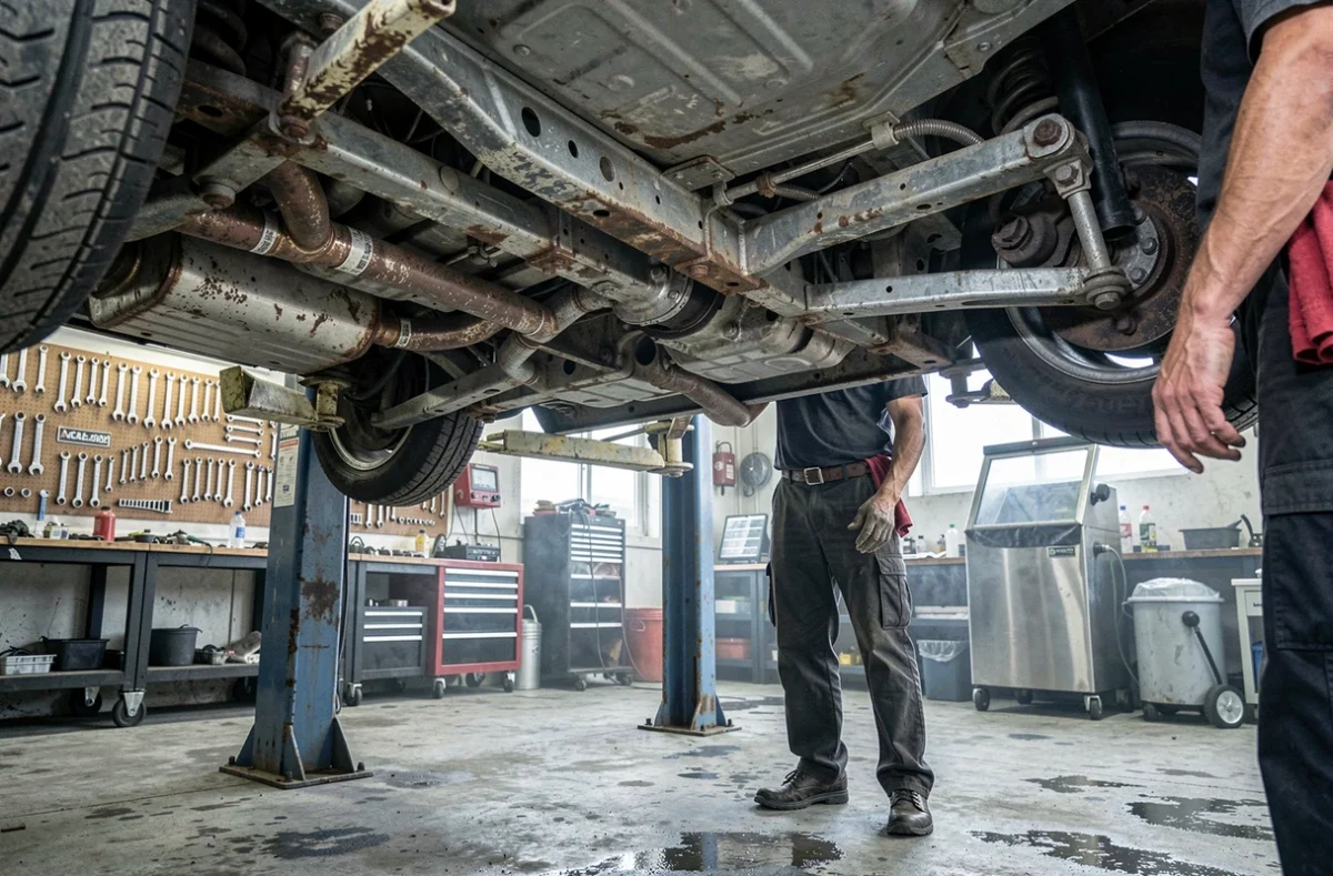 Dessous d'une Toyota AE86 Trueno Corolla sur pont élévateur en atelier, mécanicien pointant des zones de rouille lors d'une inspection pré-achat