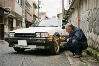 Mécanicien inspectant une Toyota AE86 Trueno Corolla d'occasion dans une ruelle urbaine japonaise, carrosserie patinée avec traces de rouille visibles