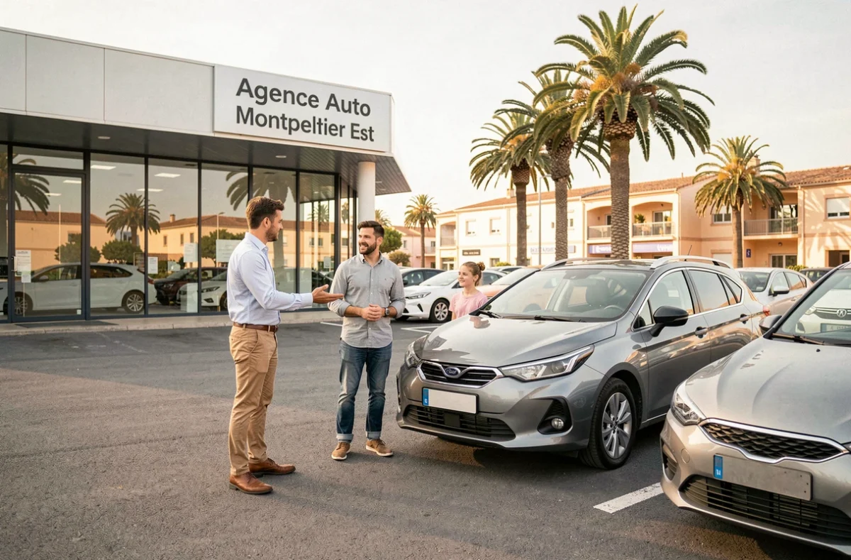 Agence Auto Montpellier Est avec un conseiller accueillant une famille devant un monospace d'occasion