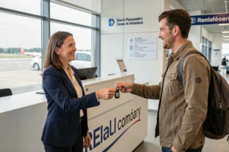 Agent d'une agence de location de voitures remettant les clés à un client dans un aéroport du Pas-de-Calais