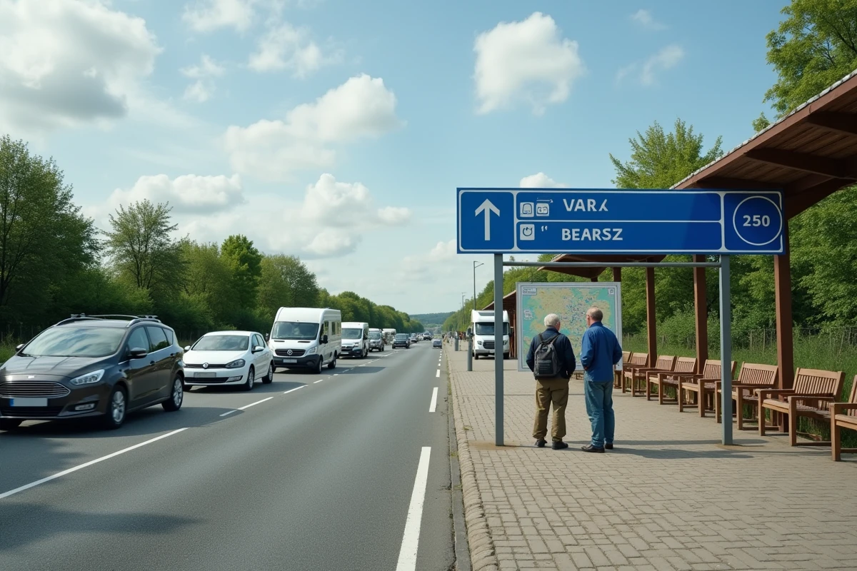 Aire de repos d'autoroute française avec panneau de carte régionale et couple de voyageurs orientant leur itinéraire