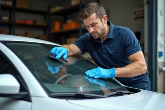 Technicien appliquant un film de protection transparent sur un pare-brise de berline blanche dans un atelier automobile