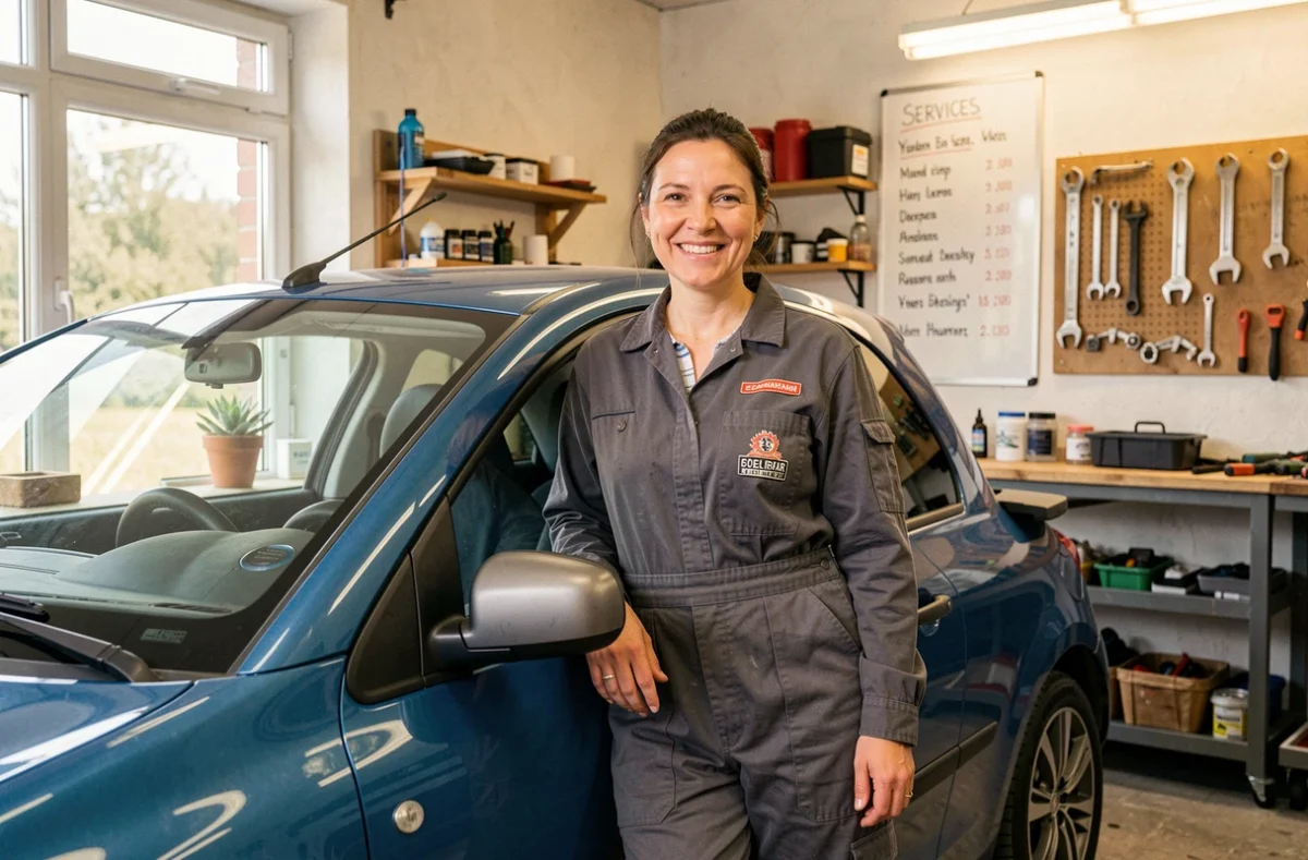 Isabelle, propriétaire du garage automobile indépendant Au Garage d'Isabelle dans l'Oise, posant devant une voiture bleue dans son atelier