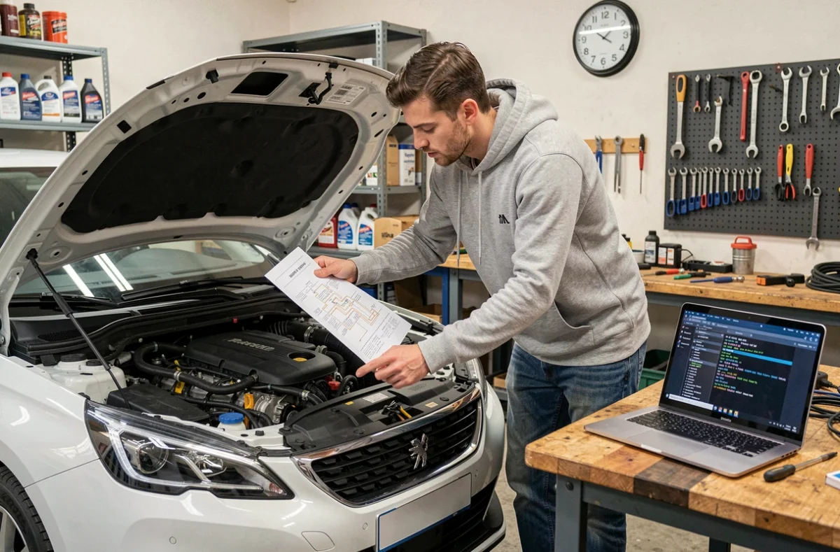 Passionné automobile consultant un schéma électrique et un ordinateur de diagnostic pour résoudre le code défaut P1351 sur une Peugeot 1.6 HDI