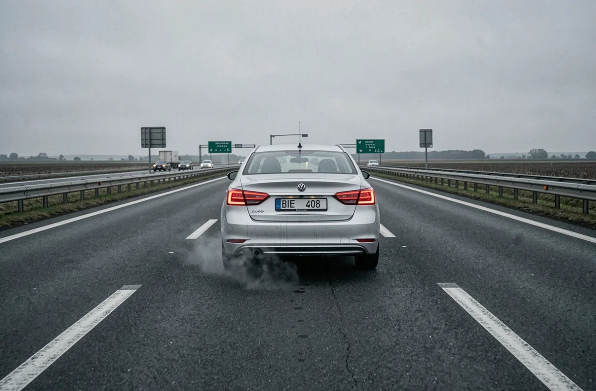 Berline diesel dCi roulant sur l'autoroute avec vapeur d'échappement visible par temps froid