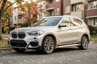 BMW X1 F48 d'occasion garée dans une rue résidentielle en automne, vue trois-quarts avant sur carrosserie argentée légèrement usée