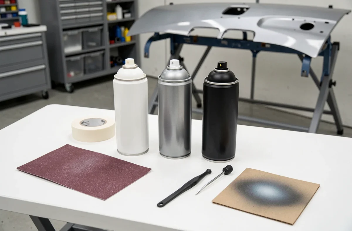 Assortiment de bombes de peinture carrosserie et accessoires de retouche disposés sur un établi d'atelier professionnel