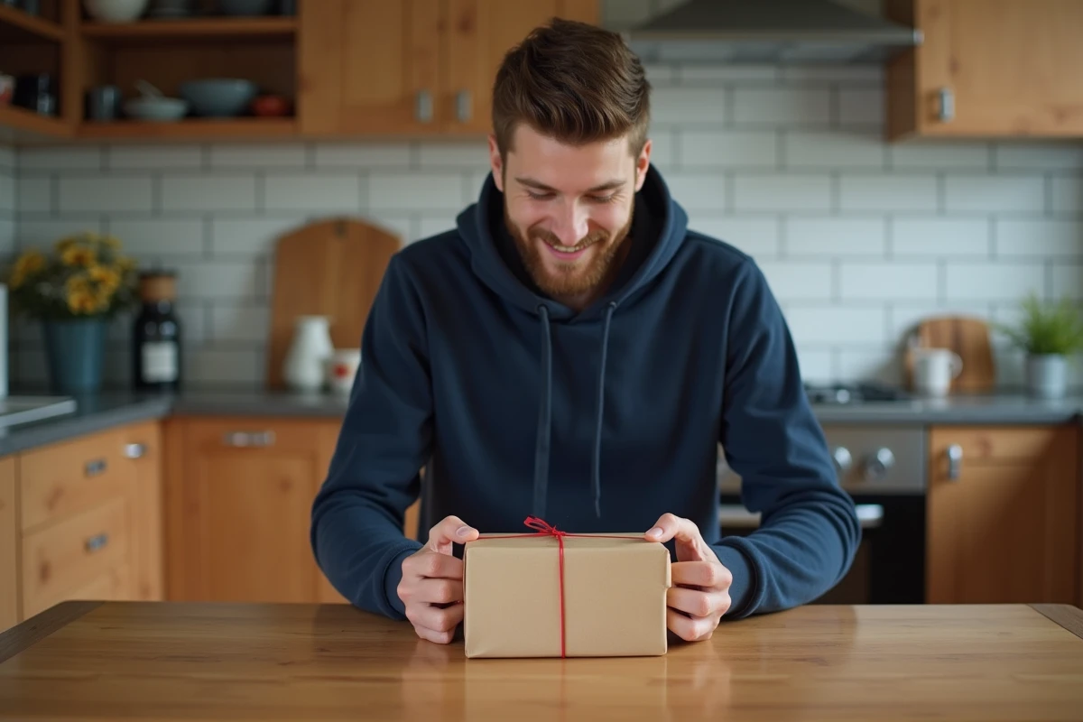 Jeune homme découvrant un cadeau pratique pour conducteur débutant posé sur une table en bois dans une cuisine