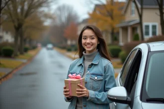 Jeune femme souriante tenant un cadeau emballé près de sa première voiture après avoir obtenu son permis de conduire