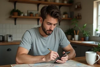 Homme calculant le coût d'essence d'un road trip avec une carte routière et une application mobile sur une table en bois