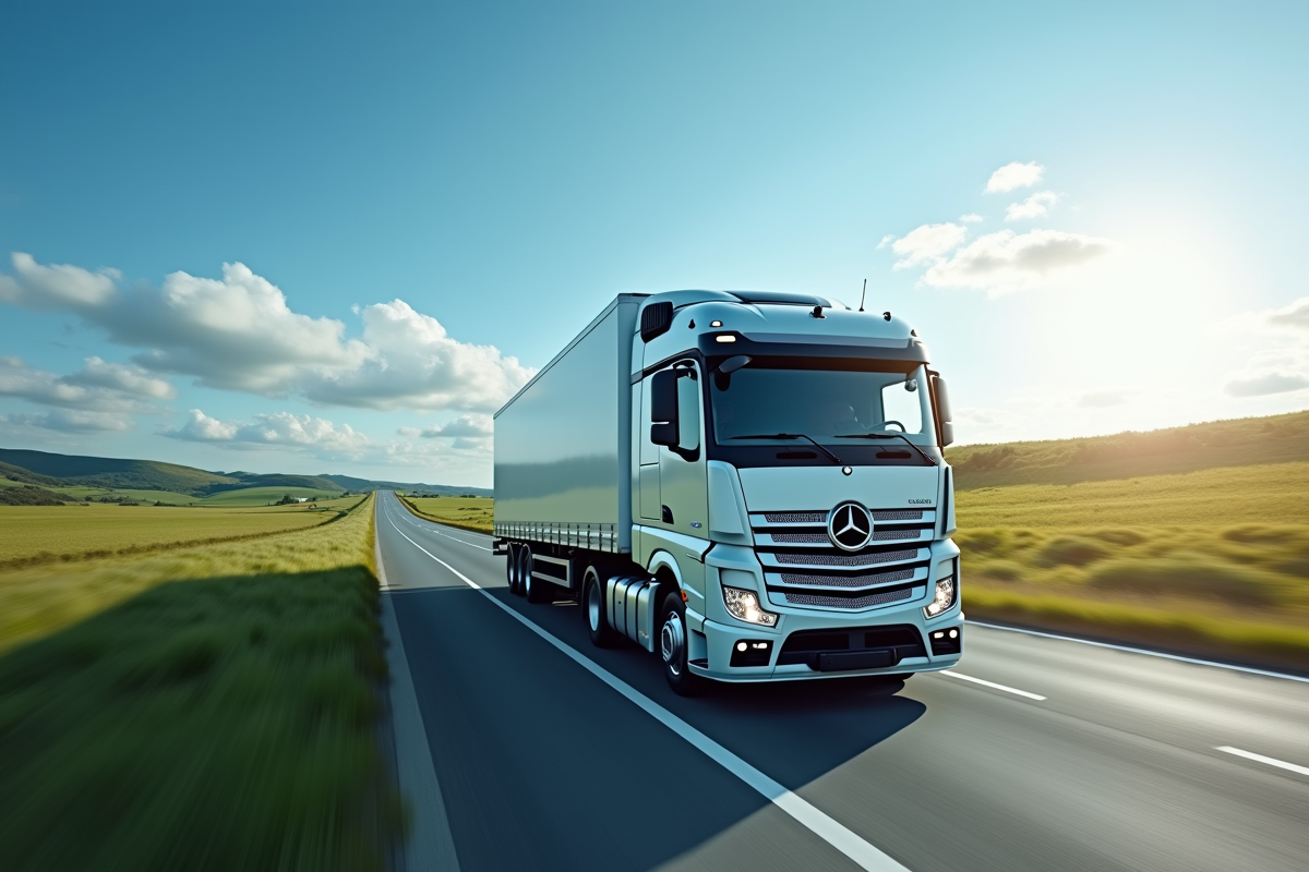 Camion puissant 32 tonnes en déplacement sur une route panoramique