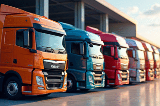 Ligne de camions 32 tonnes de marques variées dans un dépôt moderne