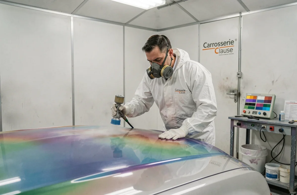 Peintre de Carrosserie Clause en combinaison de protection appliquant une teinte personnalisée sur un capot en cabine de peinture