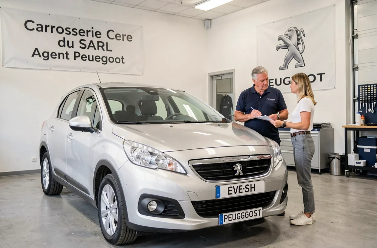 Conseiller de la Carrosserie du Centre SARL Agent Peugeot présentant un véhicule Peugeot à une cliente dans le showroom