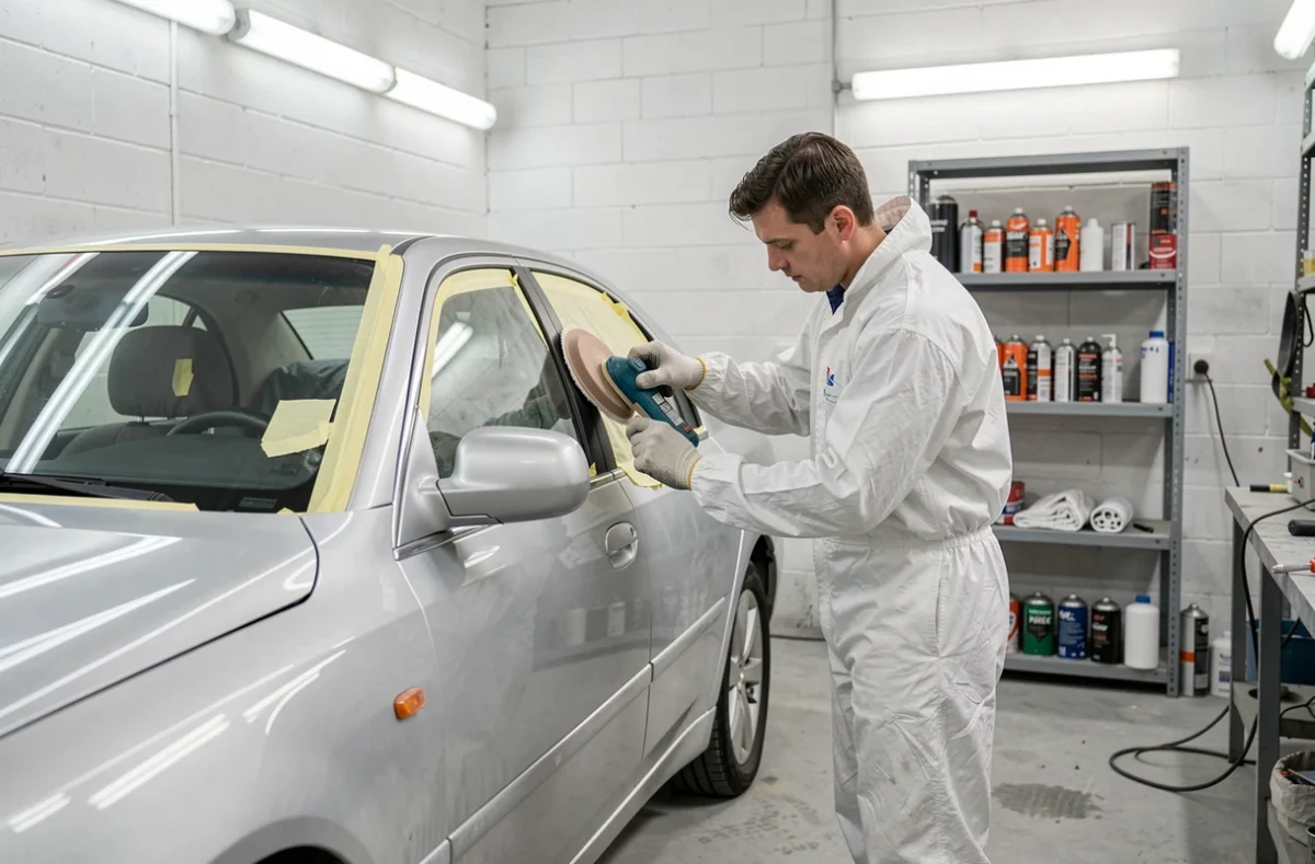 Technicien de la Carrosserie Maury à Senlis en train de poncer une portière de voiture dans l'atelier de carrosserie