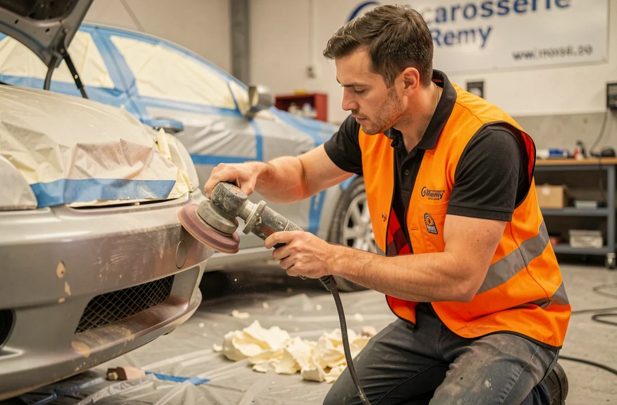 Carrossier de Carrosserie Remy ponçant un pare-chocs de véhicule dans l'atelier avec masquage en arrière-plan