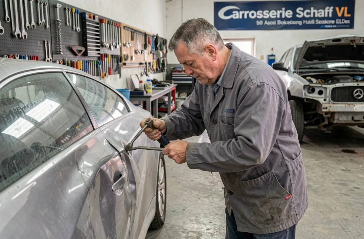 Mécanicien carrossier de Carrosserie Schaff VL redressant une porte de véhicule dans l'atelier de réparation