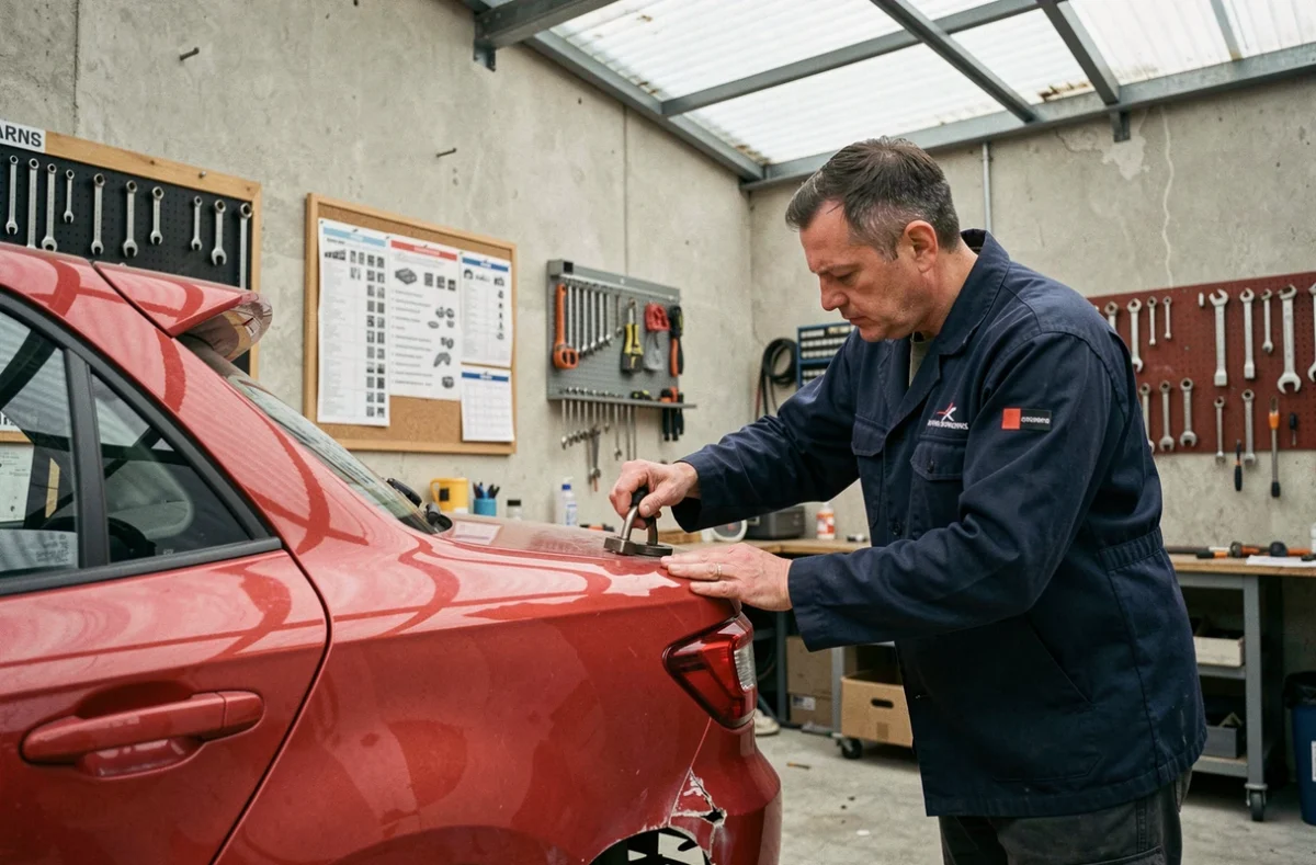 Mécanicien carrossier de la Carrosserie Treil à Pont-Sainte-Maxence redressant un pare-chocs endommagé sur une voiture rouge