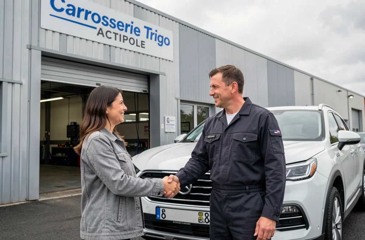 Cliente serrant la main du responsable de Carrosserie Trigo Actipole devant l'entrée du garage avec un SUV réparé