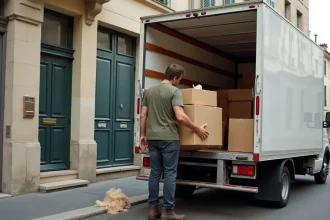 Homme chargeant des cartons dans un camion de déménagement blanc devant un immeuble résidentiel français