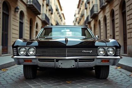 Chevrolet Impala 1967 automatique noire garée dans une rue pavée d'une ville européenne, vue en angle avant 3/4 avec détails chromés