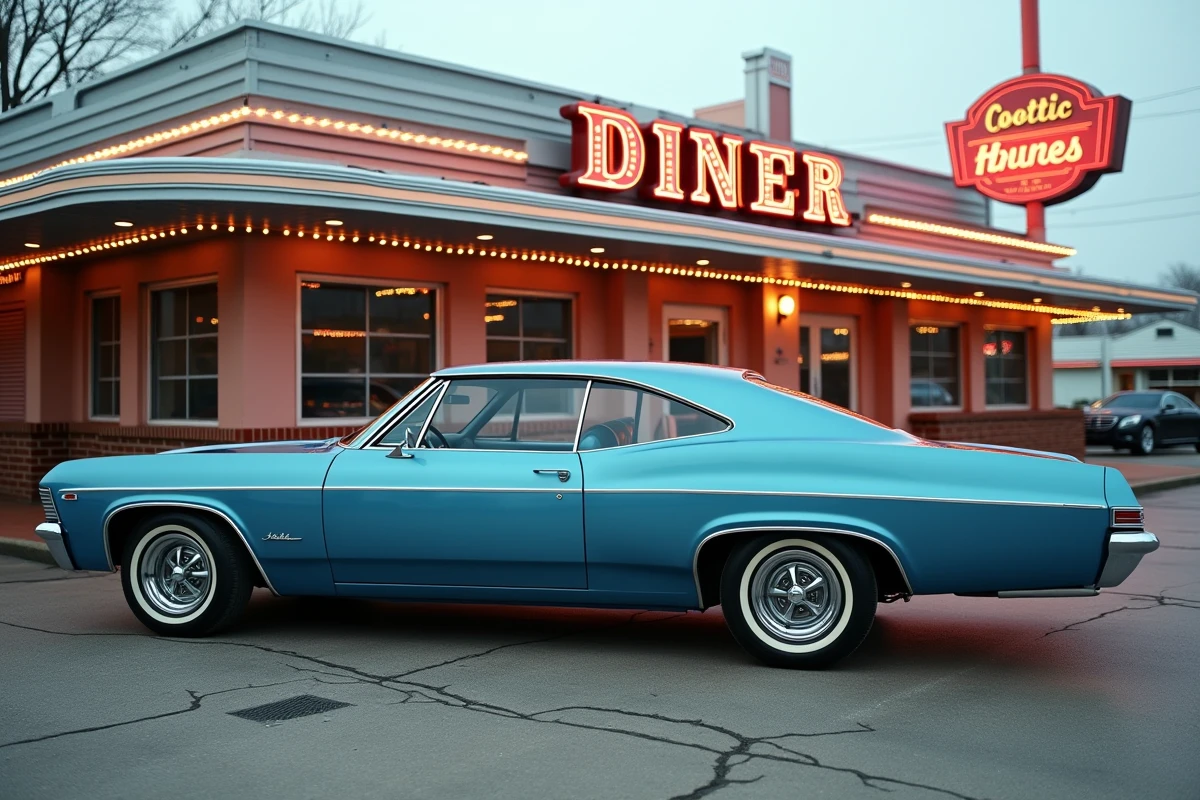 Chevrolet Impala 4 portes 1967 bleu Nantucket en profil complet devant un diner américain années 60, illustrant la cote croissante des modèles aux options d'usine rares