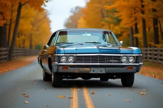Chevrolet Impala 1967 bleu nuit garée sur une route rurale américaine en automne, vue en angle 3/4 avant surplombant le capot chromé