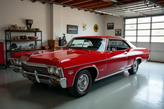 Chevrolet Impala 4 portes 1967 rouge Bolero en vue trois quarts avant dans un garage privé, mettant en valeur les badges d'options rares et la sellerie d'origine