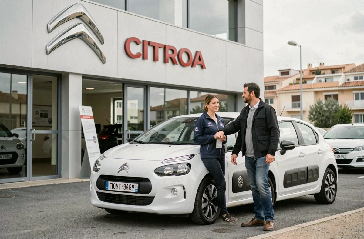 Concession Citroën Montpellier avec une vendeuse présentant une Citroën d'occasion à un client