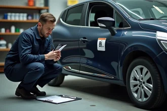 Mécanicien lisant l'étiquette de consommation de carburant d'une Renault Clio dans un garage professionnel