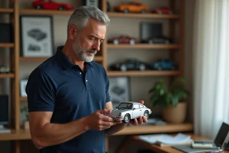 Collectionneur tenant un modèle réduit de Porsche 911 vintage dans son bureau à domicile, entouré de miniatures automobiles alignées sur des étagères en bois