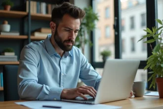 Homme comparant des offres d'assurance auto Victor by Direct Assurance sur un ordinateur portable dans un bureau à domicile