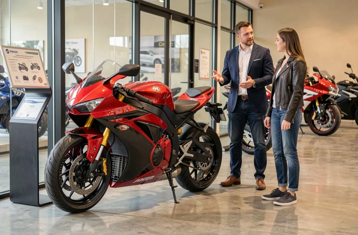 Concession moto présentant une moto puissante homologuée avec documentation légale