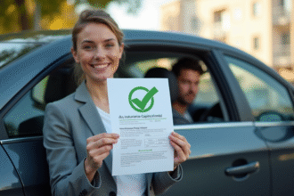 Conducteur heureux avec avis d'annulation d'assurance auto