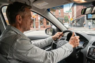 Conducteur attentif en ville regardant un GPS monté sur pare-brise lors d'une conduite urbaine