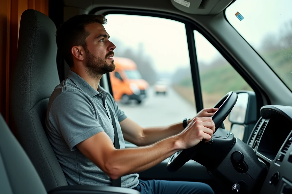 Chauffeur professionnel aux commandes d'un fourgon Renault Master L2H2 chargé en milieu urbain, attention portée aux restrictions de hauteur et à la sécurité de conduite