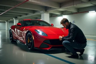 Conducteur sportif inspectant sa voiture dans un parking souterrain urbain, illustrant l'intérêt pour les performances et la technologie shitech