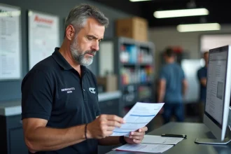 Conseiller auto Norauto au comptoir examinant un document de carte grise dans un centre auto