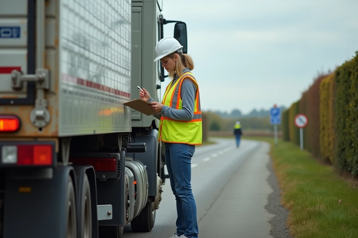 Jeune femme mesurant un camion avec un carnet sur la route