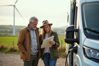 Couple devant van électrique en campagne verte