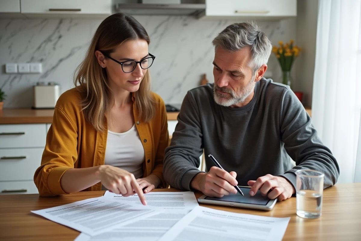 Couple en train de comparer des contrats d'assurance auto Victor by Direct Assurance et classique autour d'une table de cuisine