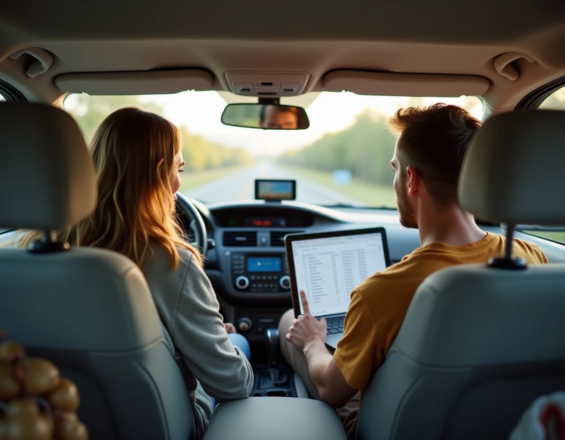 Couple préparant un road trip économique en calculant le coût d'essence sur un ordinateur portable à l'intérieur de leur voiture