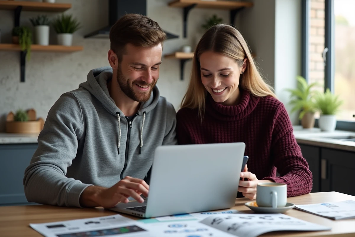Un couple recherche et compare des véhicules d'occasion en ligne depuis leur domicile, s'appuyant sur un guide consommateur