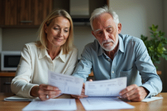 Couple de milieu d'âge examinant des documents de voiture à la maison