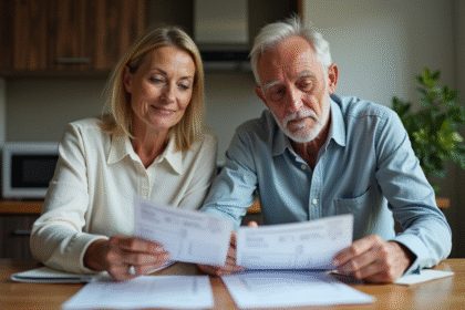 Couple de milieu d'âge examinant des documents de voiture à la maison