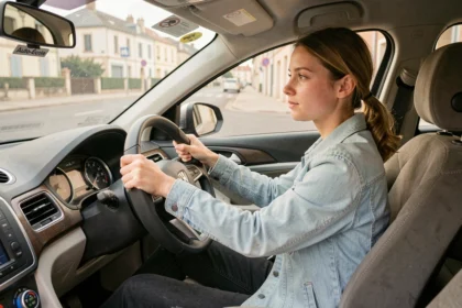 Jeune femme en cours de conduite dans une voiture auto-école à Lorient avec instructeur