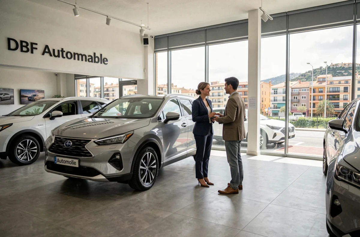 Showroom DBF Automobile Montpellier avec une vendeuse présentant un SUV d'occasion à un couple